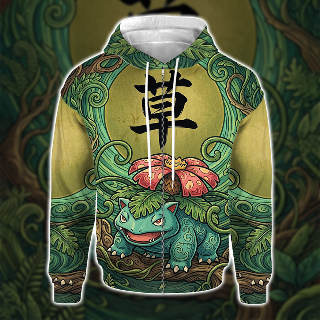Anime PKM Venusaur Japanese Kanji Aesthetic All Over Printed Sweatshirt Hoodie Zip Hoodie T-Shirt