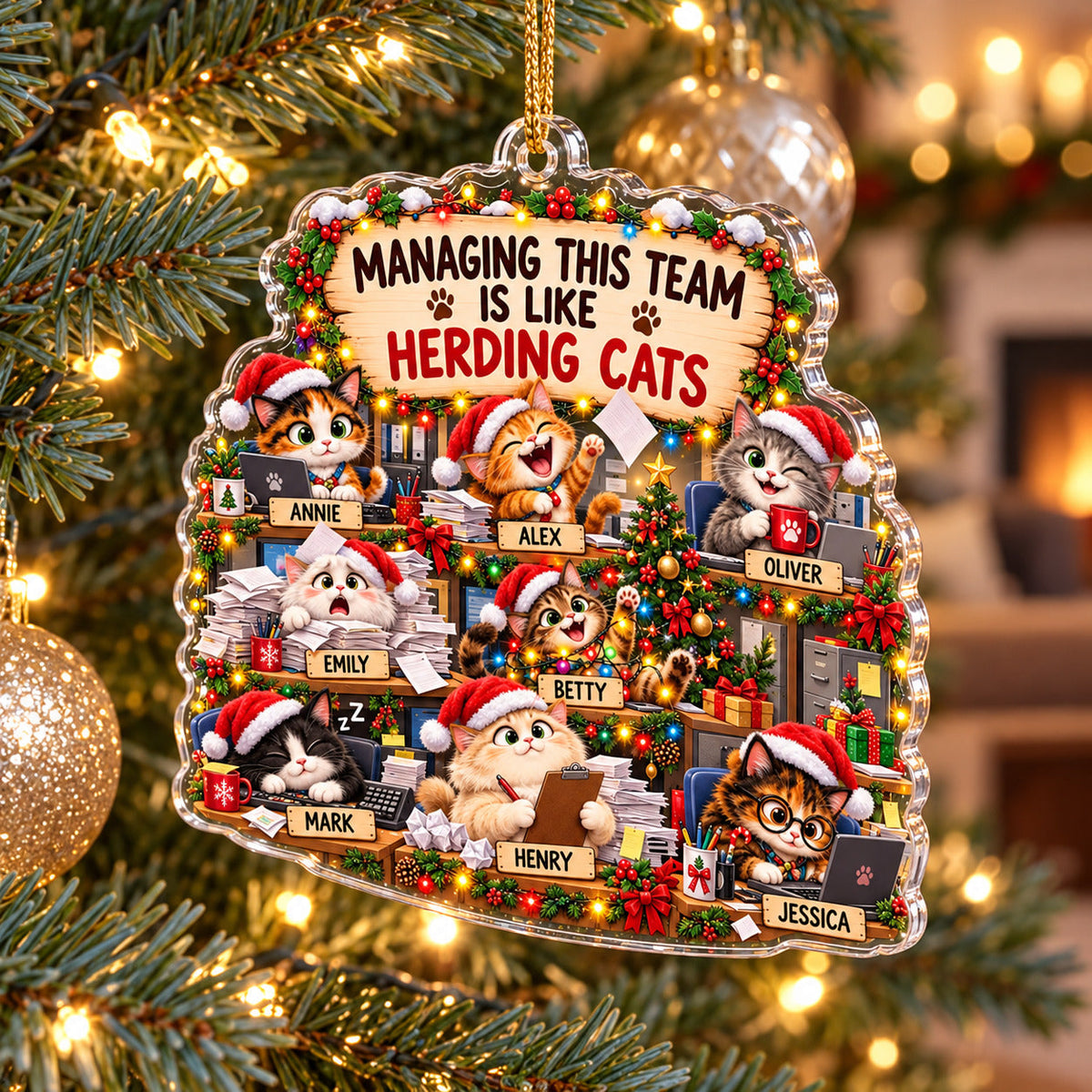 Personalized Herding Cats Christmas Ornament, Custom Team Names, Funny Acrylic Gift for Boss