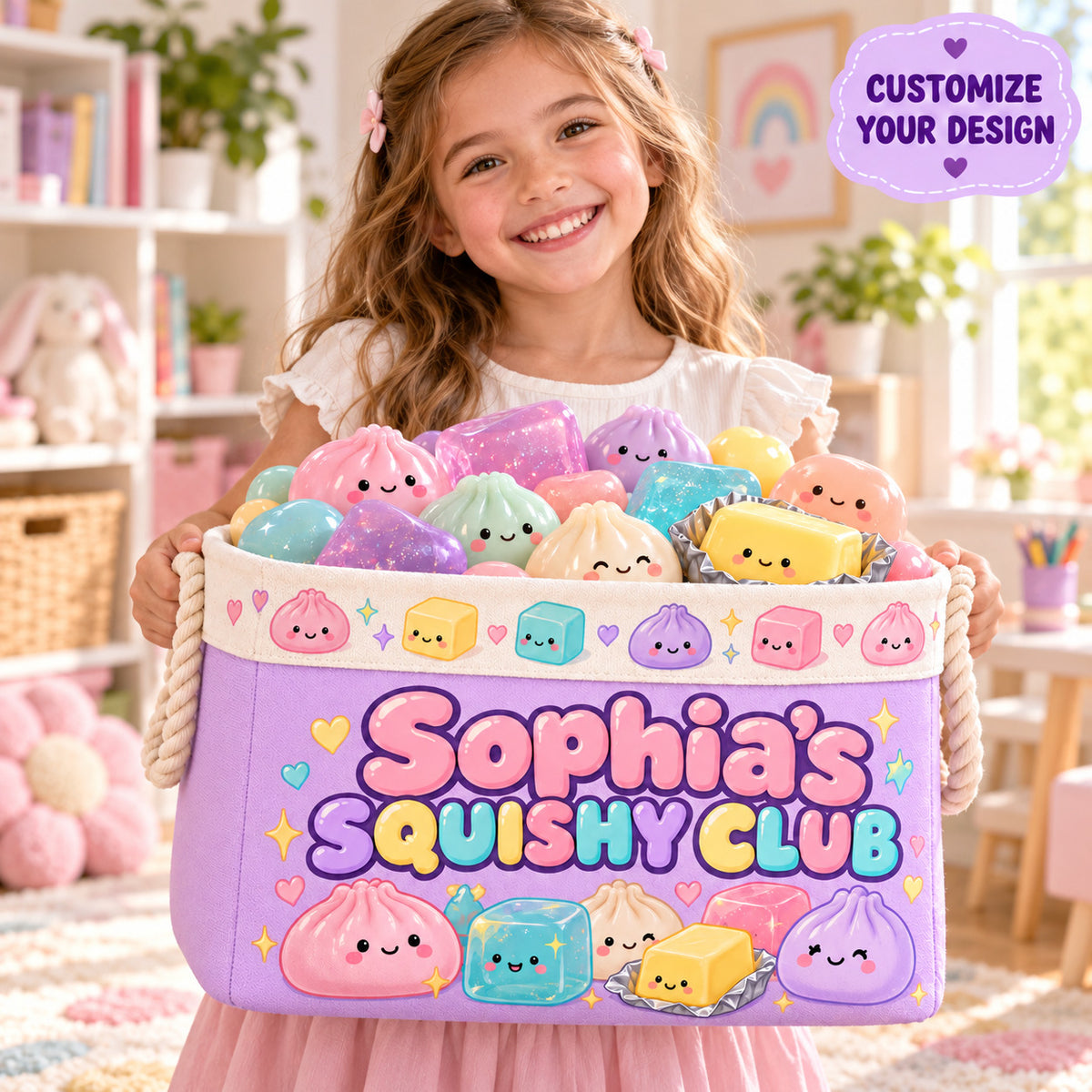 Personalized Squishy Storage Basket, Custom Name Storage Bin with Rope Handles