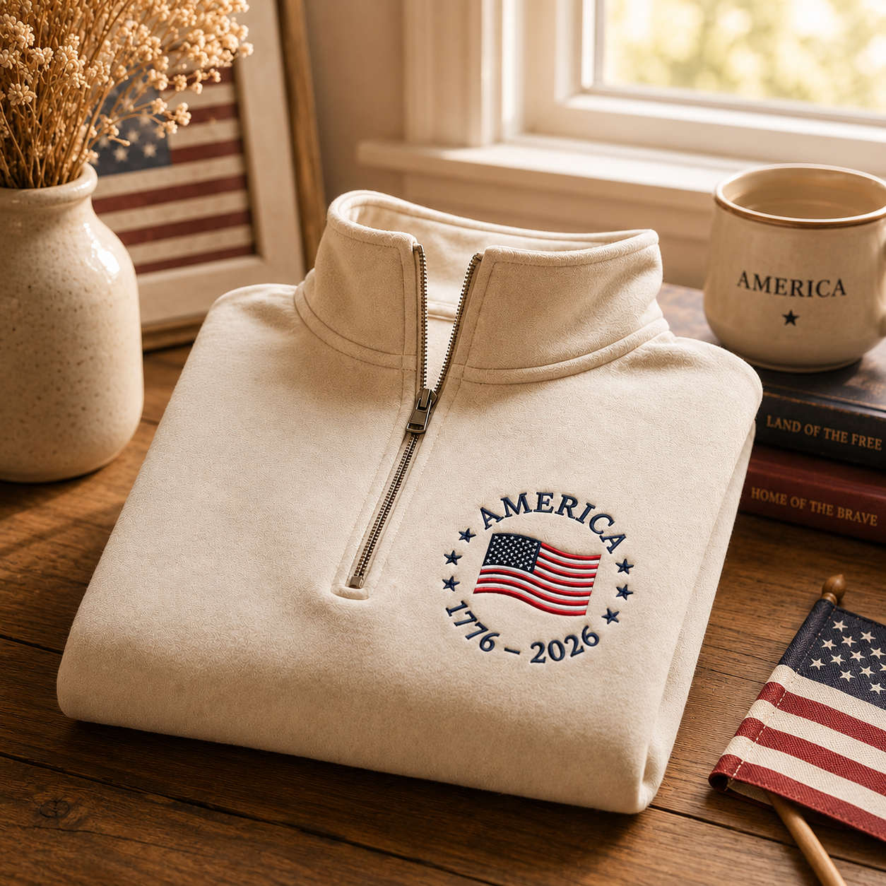 America 1776–2026 Heritage Flag Embroidered Quarter-Zip Sweatshirt, Hoodie Sweatshirt T-Shirt