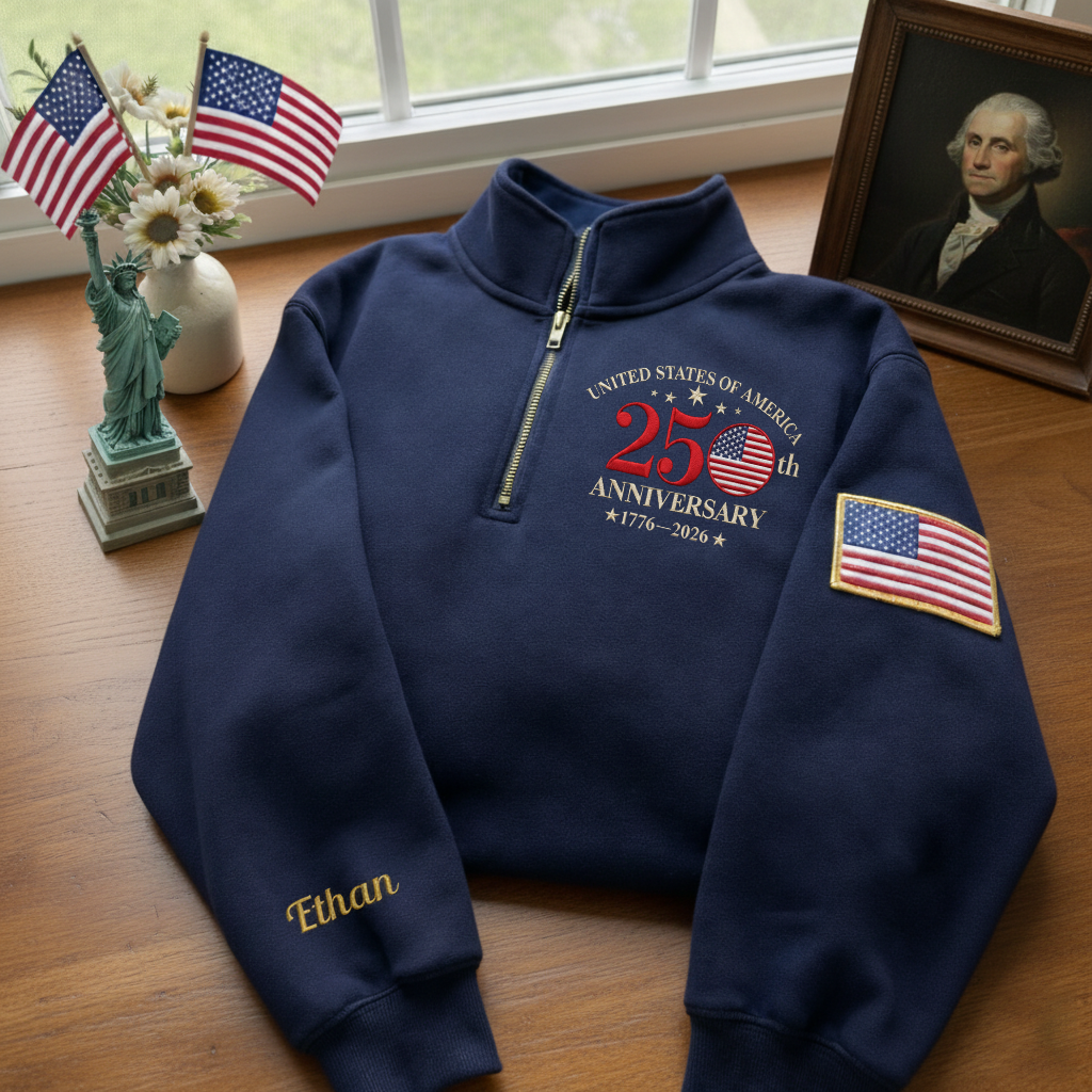 Embroidered The US 250th Anniversary Independence Day With Name On Sleeve Quarter-Zip Sweatshirt, Hoodie Sweatshirt T-Shirt