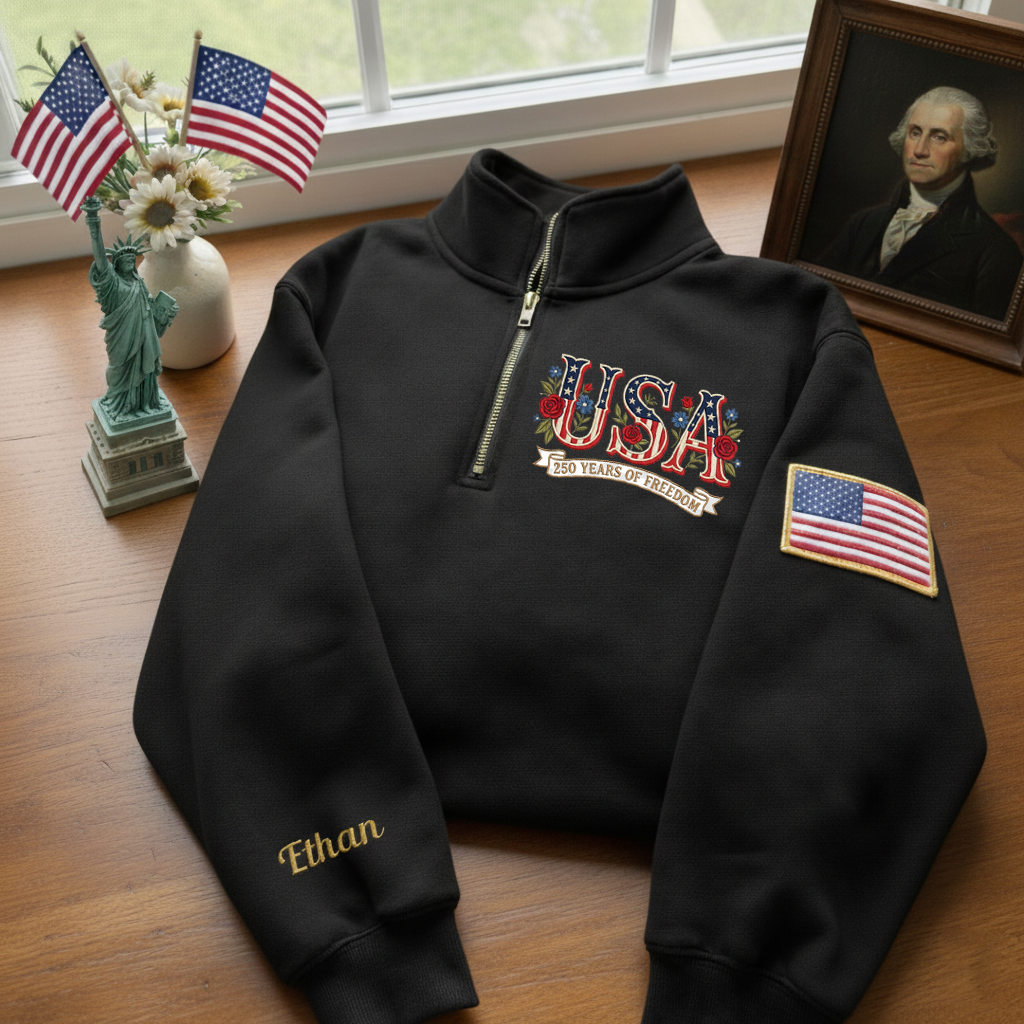 Embroidered The US 250th Anniversary Independence Day With Name On Sleeve Quarter-Zip Sweatshirt, Hoodie Sweatshirt T-Shirt