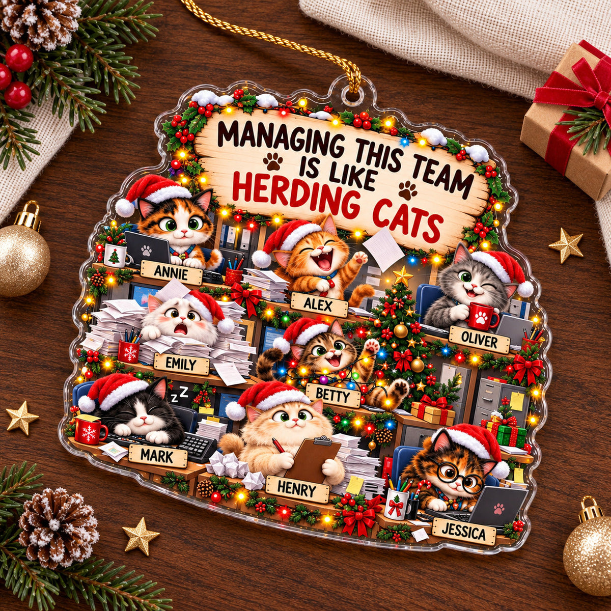 Personalized Herding Cats Christmas Ornament, Custom Team Names, Funny Acrylic Gift for Boss