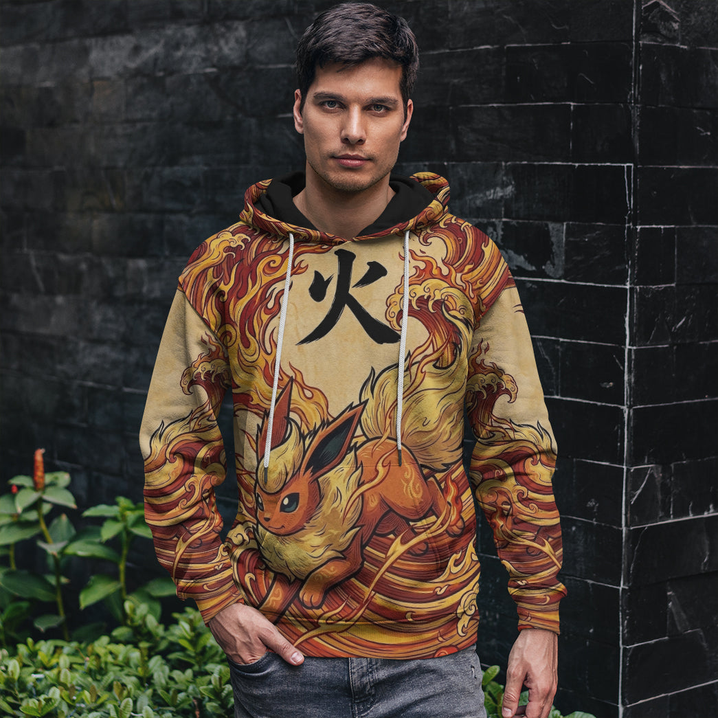 Anime PKM Flareon Japanese Kanji Aesthetic All Over Printed Sweatshirt Hoodie Zip Hoodie T-Shirt