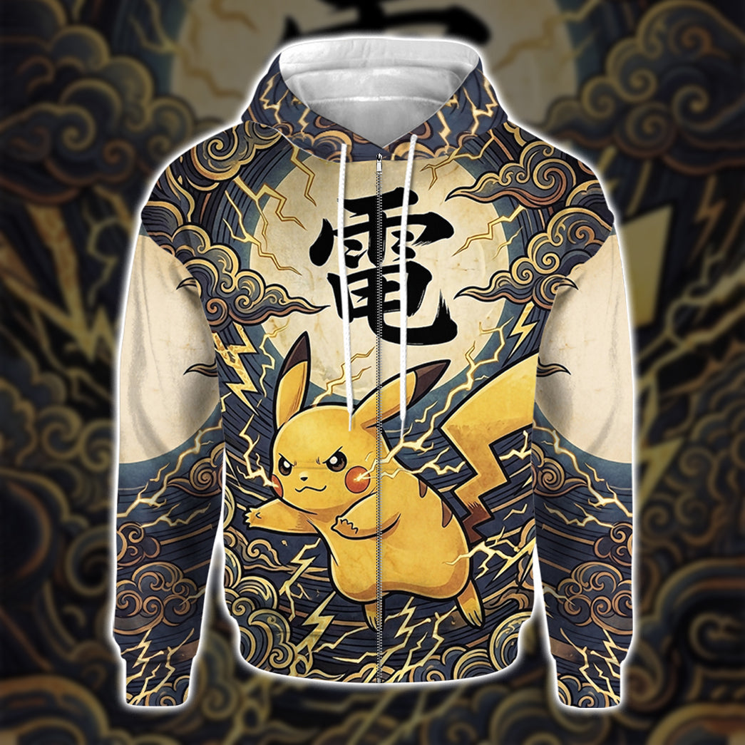 Anime PKM Pikachu Japanese Kanji Aesthetic All Over Printed Sweatshirt Hoodie Zip Hoodie T-Shirt