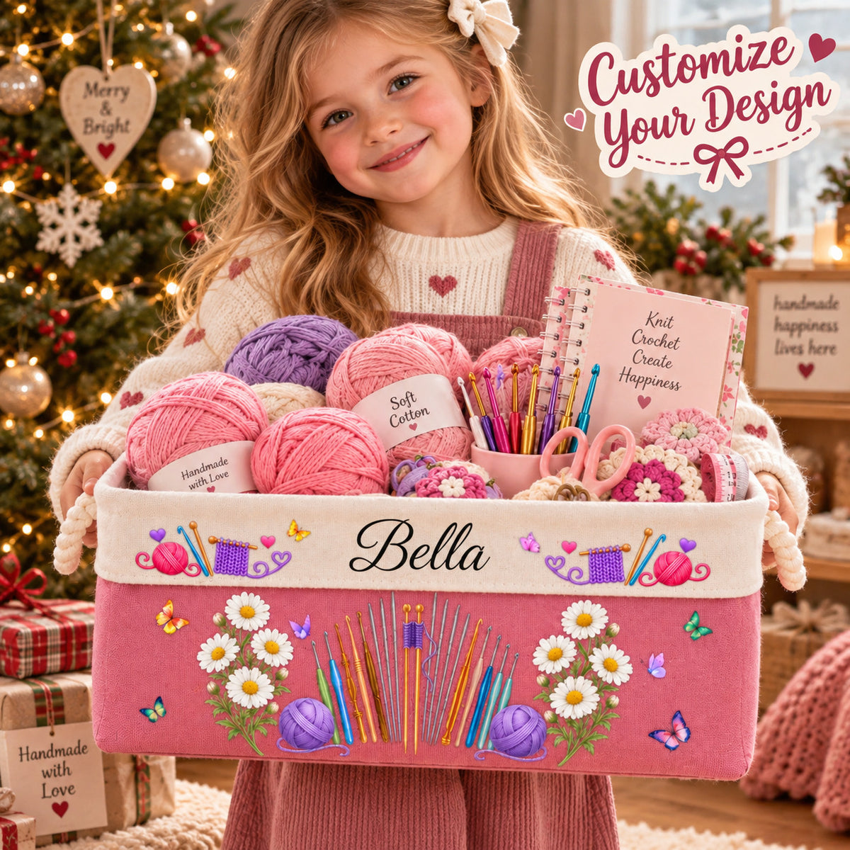 Personalized Knitting & Crochet Storage Basket, Custom Storage Bin with Rope Handles