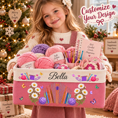 Personalized Knitting & Crochet Storage Basket, Custom Storage Bin with Rope Handles