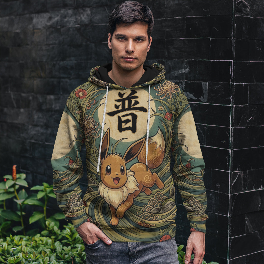 Anime PKM Eevee Japanese Kanji Aesthetic All Over Printed Sweatshirt Hoodie Zip Hoodie T-Shirt