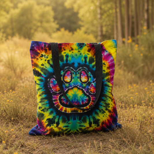 Rainbow Paw Tie Dye Blue Purple Cat Tote Bag