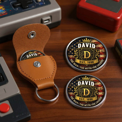 The Man The Myth The Legend Printed Commemorative Coin With Pocket Hug Leather Keychain
