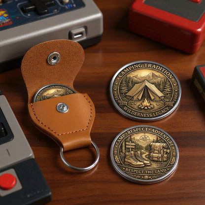Camping Tradition Printed Commemorative Coin With Pocket Hug Leather Keychain