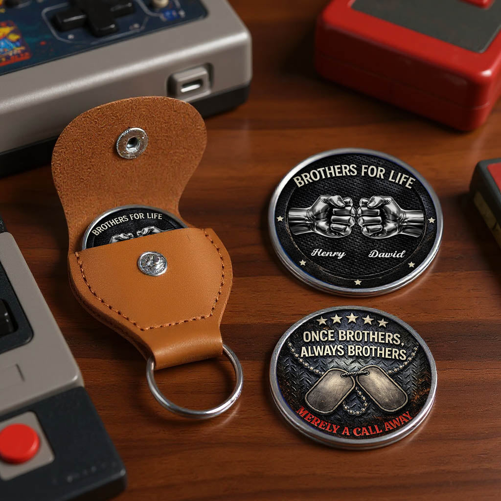 Brothers For Life Printed Commemorative Coin With Pocket Hug Leather Keychain