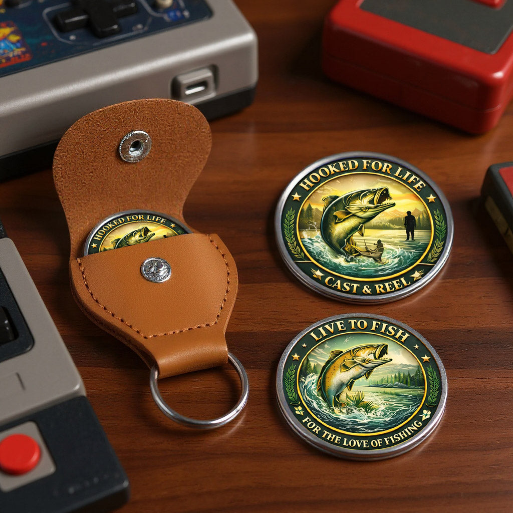 Hooked For Life Printed Commemorative Coin With Pocket Hug Leather Keychain
