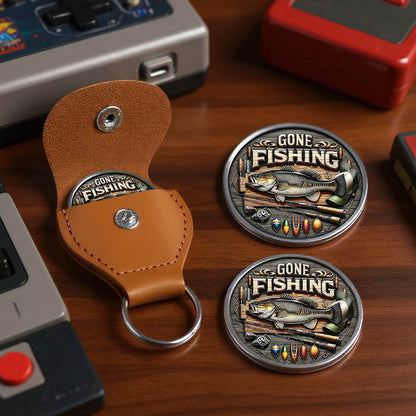 Gone Fishing Printed Commemorative Coin With Pocket Hug Leather Keychain