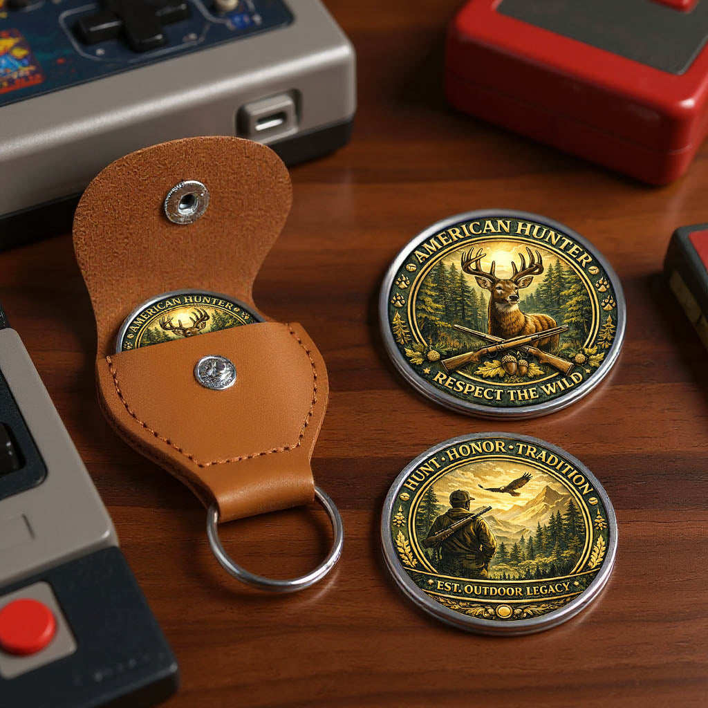 American Hunter Printed Commemorative Coin With Pocket Hug Leather Keychain