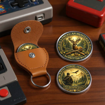 American Hunter Printed Commemorative Coin With Pocket Hug Leather Keychain
