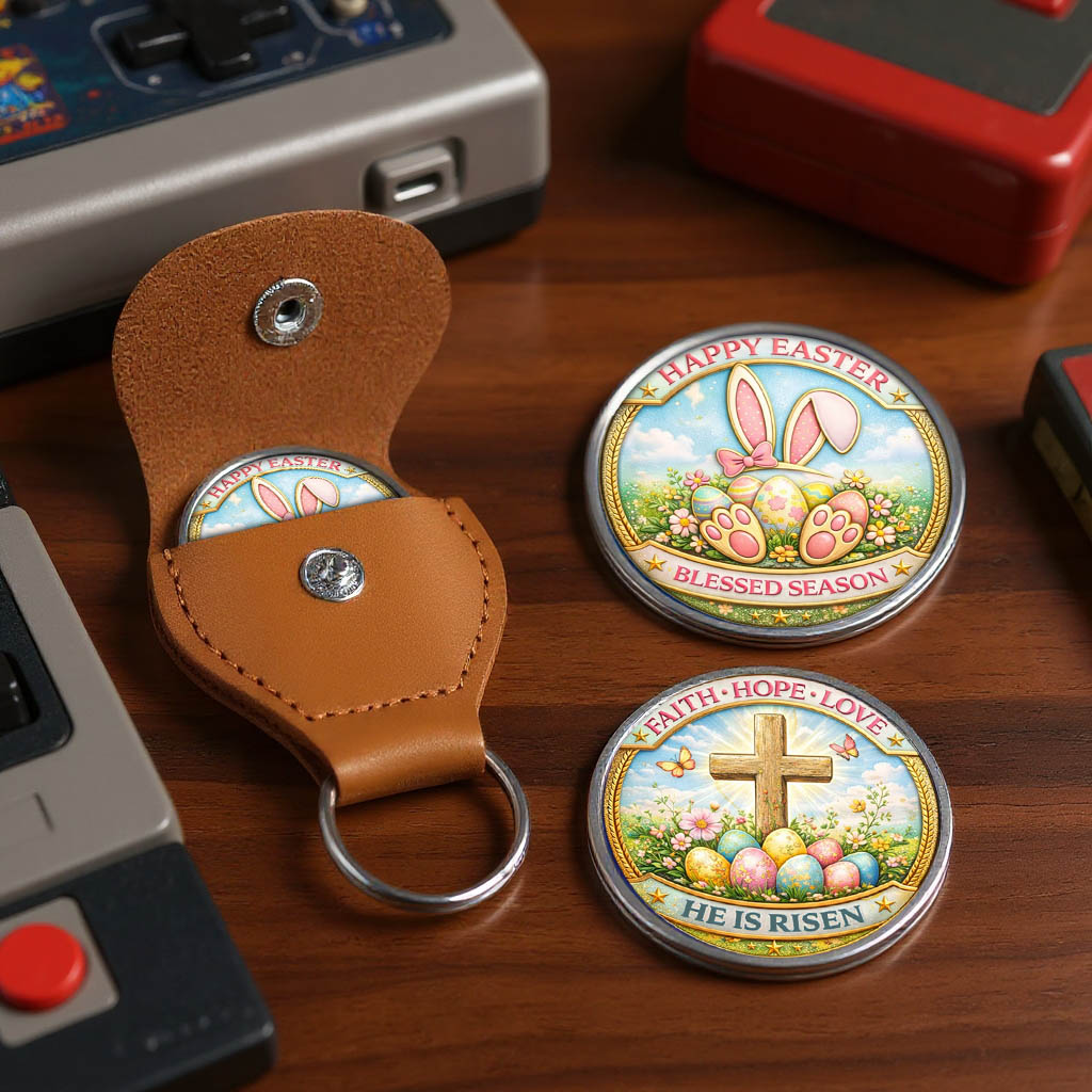 Happy Easter Printed Commemorative Coin With Pocket Hug Leather Keychain
