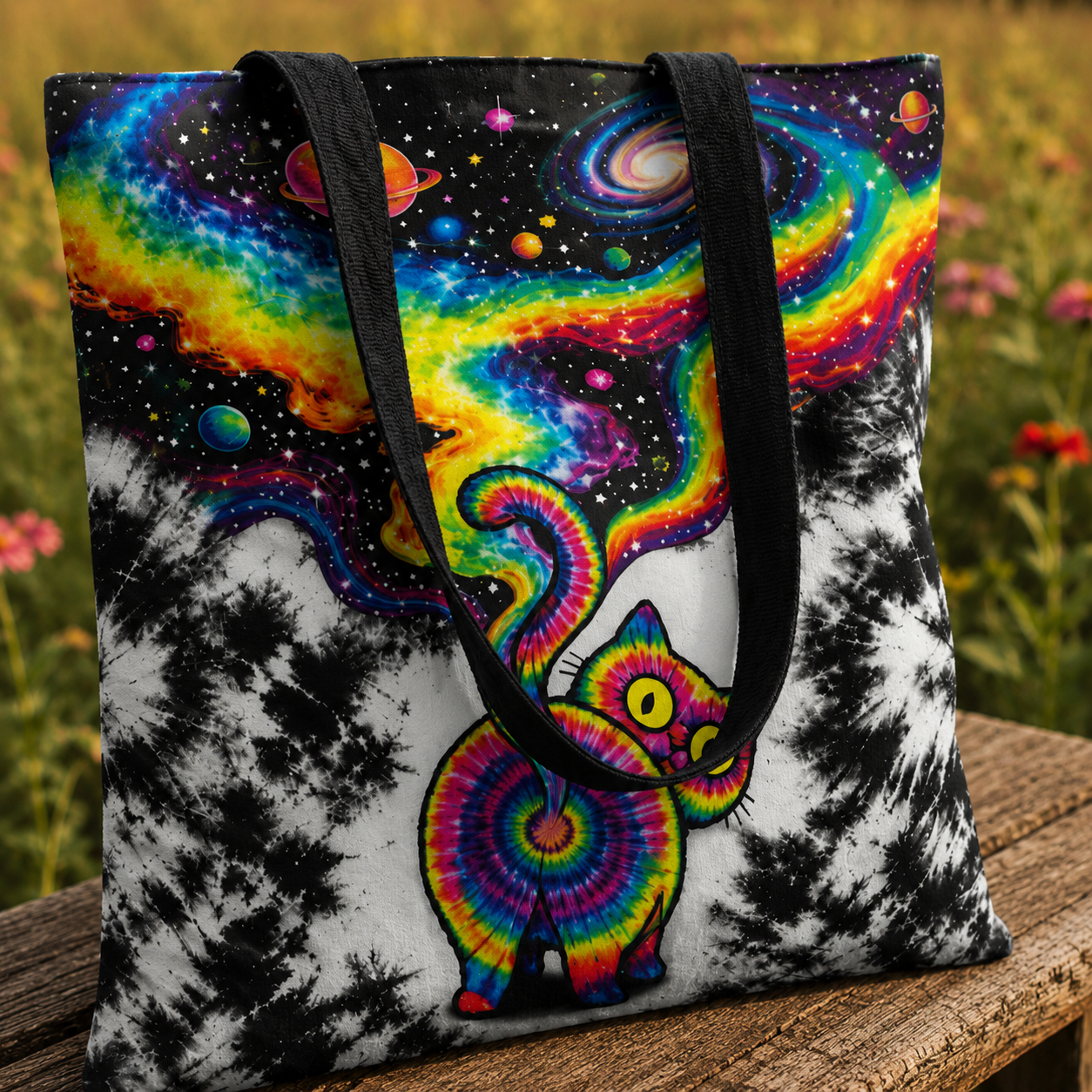 Cat Galaxy Black Pink Printed Tote Bag