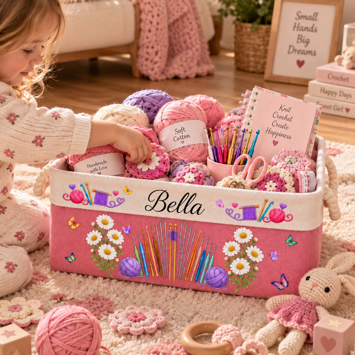 Personalized Knitting & Crochet Storage Basket, Custom Storage Bin with Rope Handles