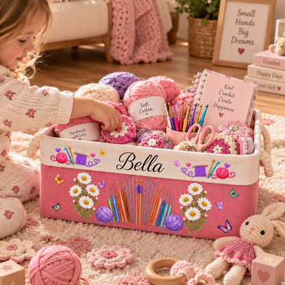 Personalized Knitting & Crochet Storage Basket, Custom Storage Bin with Rope Handles