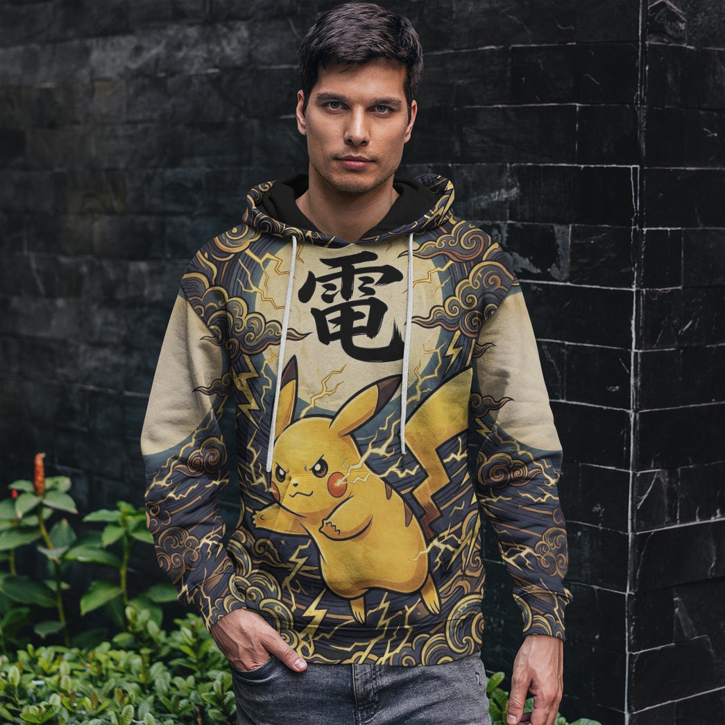 Anime PKM Pikachu Japanese Kanji Aesthetic All Over Printed Sweatshirt Hoodie Zip Hoodie T-Shirt