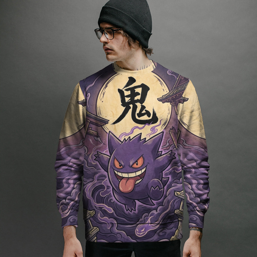 Anime PKM Gengar Japanese Kanji Aesthetic All Over Printed Sweatshirt Hoodie Zip Hoodie T-Shirt