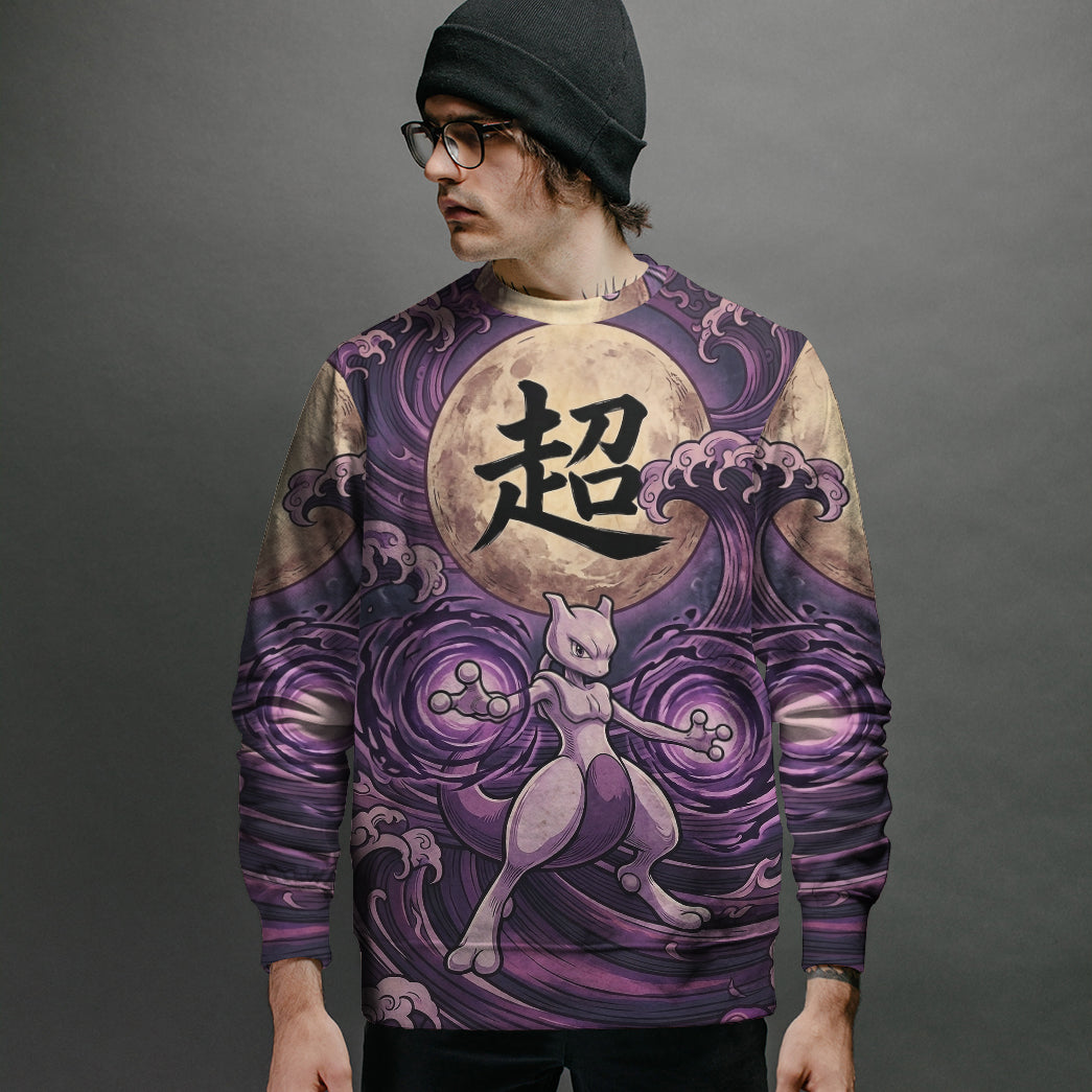 Anime PKM Mewtwo Japanese Kanji Aesthetic All Over Printed Sweatshirt Hoodie Zip Hoodie T-Shirt