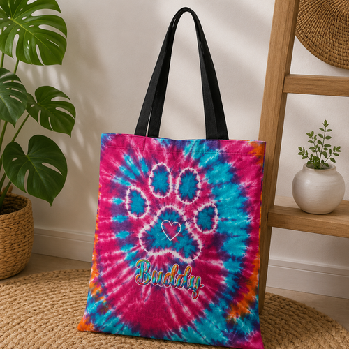 Paw Print Colorful Tie Dye Swirl Cat Tote Bag