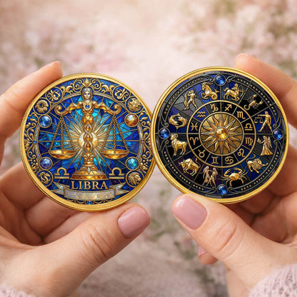 Tarot Zodiac Libra Sign Stained Glass Printed Commemorative Coin