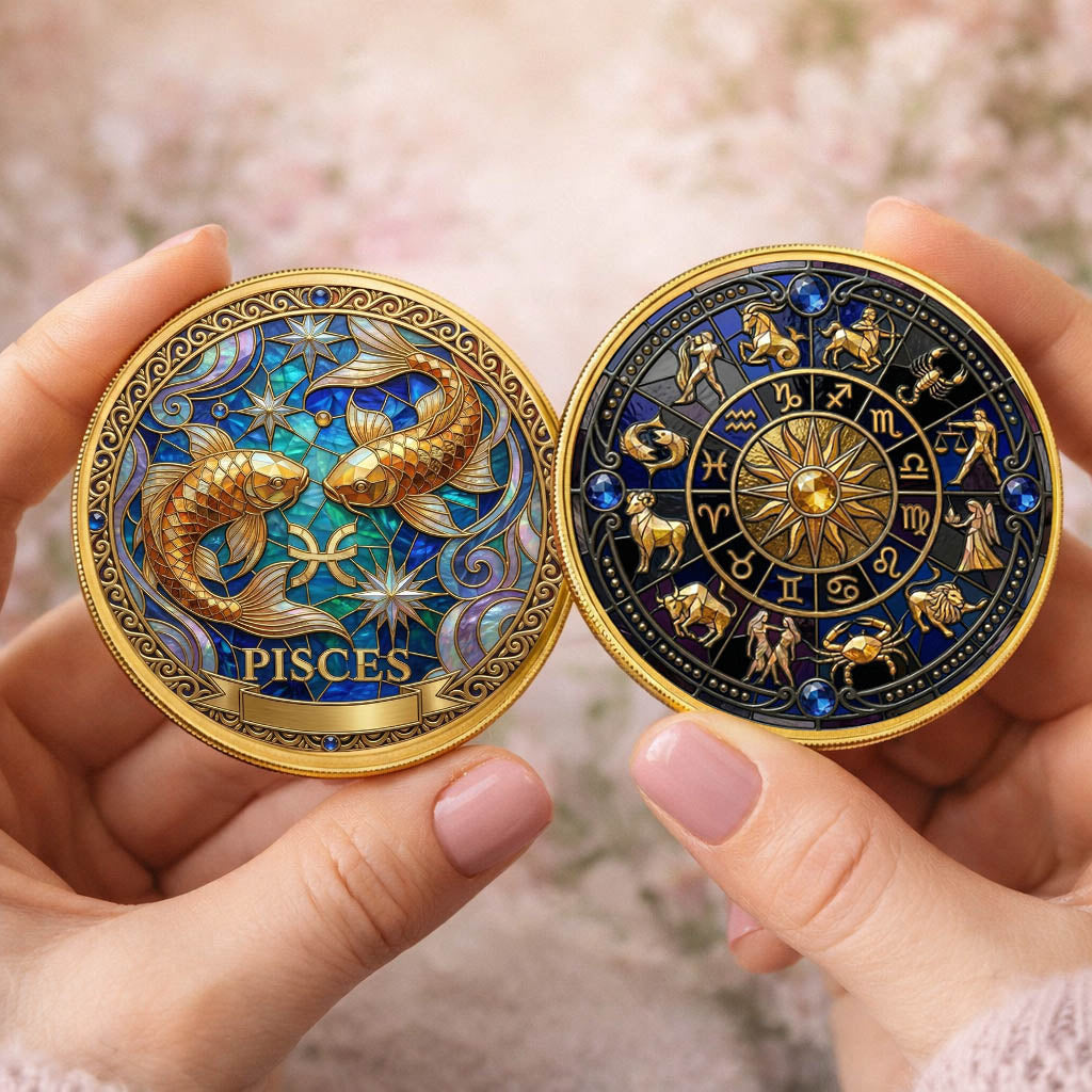 Tarot Zodiac Pisces Sign Stained Glass Printed Commemorative Coin