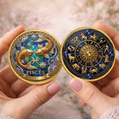 Tarot Zodiac Pisces Sign Stained Glass Printed Commemorative Coin