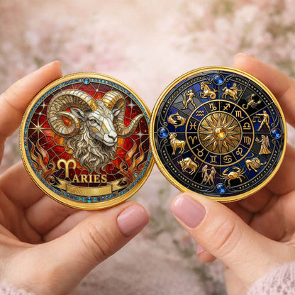 Tarot Zodiac Aries Sign Stained Glass Printed Commemorative Coin