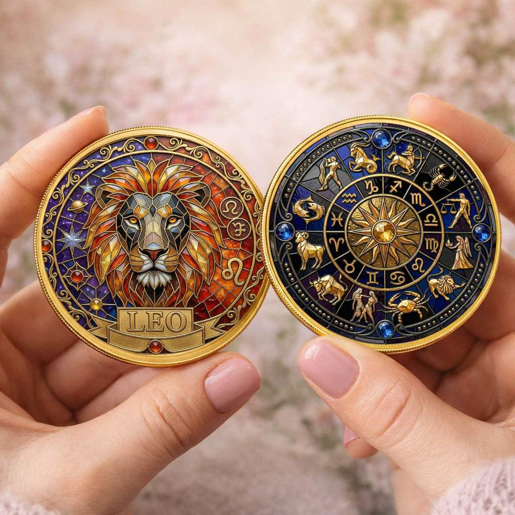 Tarot Zodiac Leo Sign Stained Glass Printed Commemorative Coin