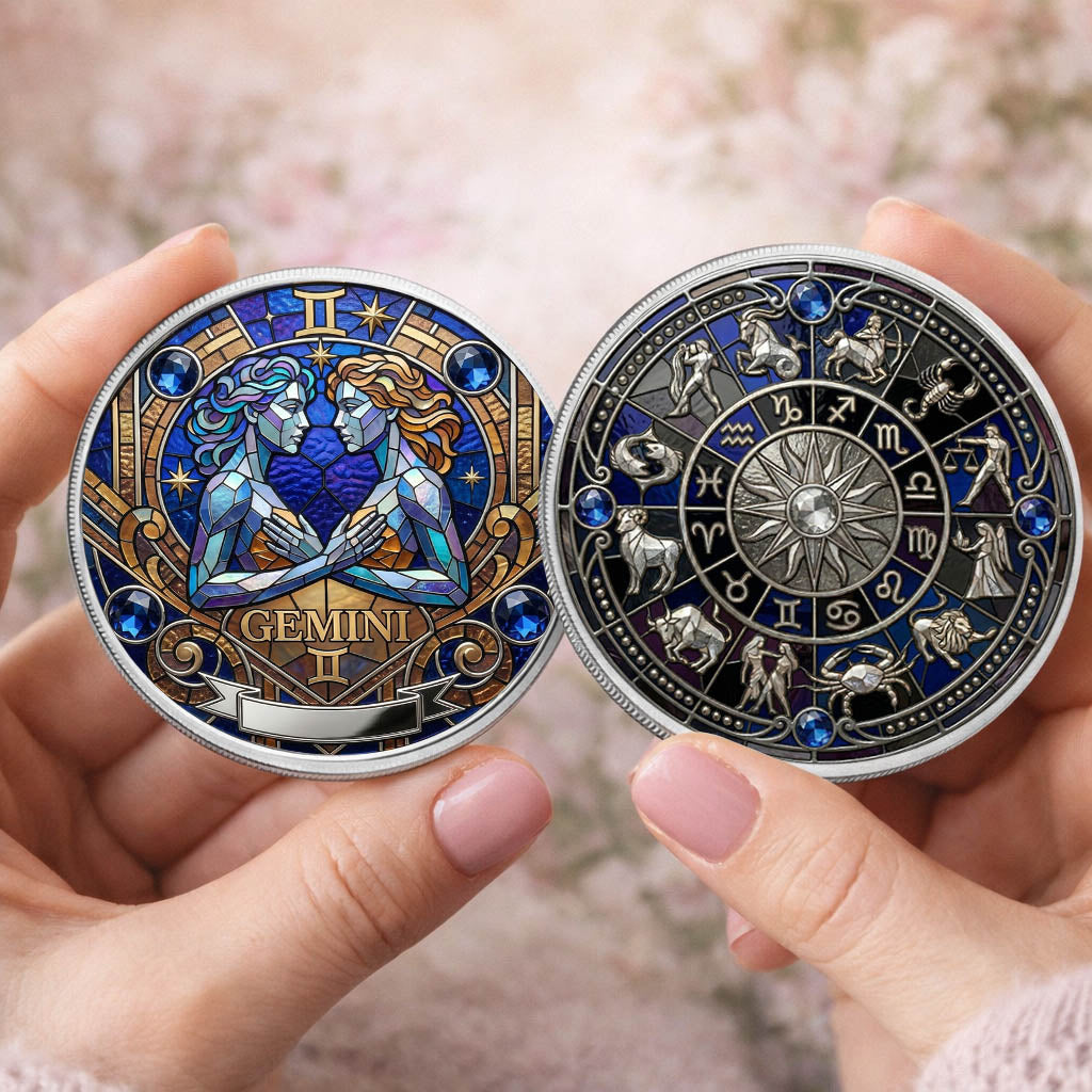 Tarot Zodiac Gemini Sign Stained Glass Printed Commemorative Coin