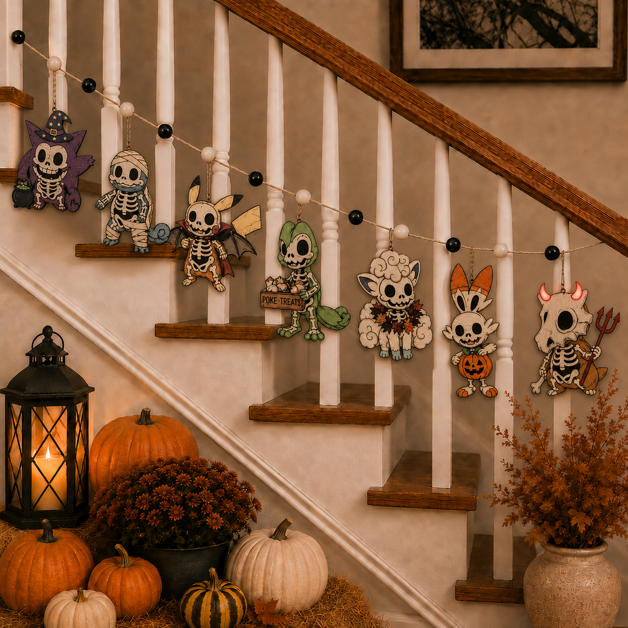 Halloween Personalized PKM Skeleton Wooden Garland