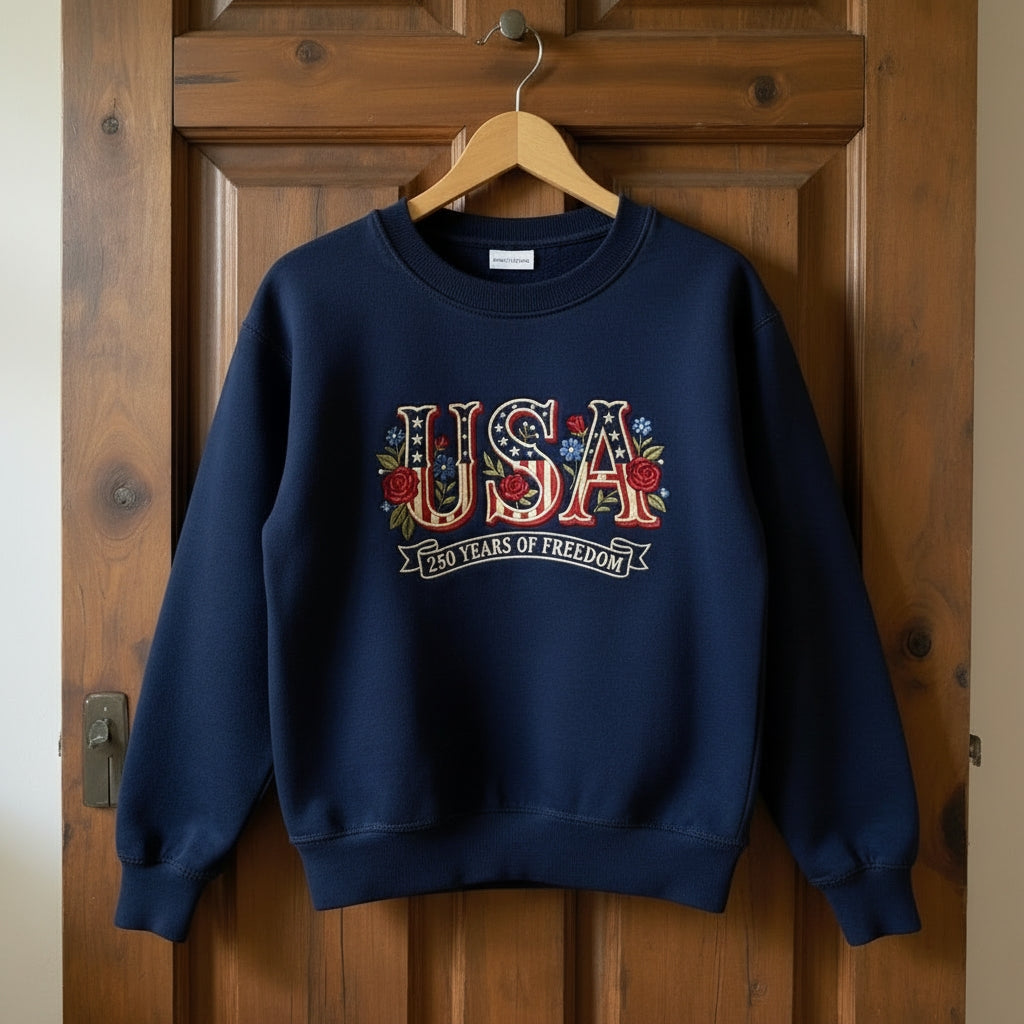 USA Flag Flower 250th Anniversary, Embroidered 250 Years of Freedom Hoodie, Patriotic American Hoodie Sweatshirt T-Shirt