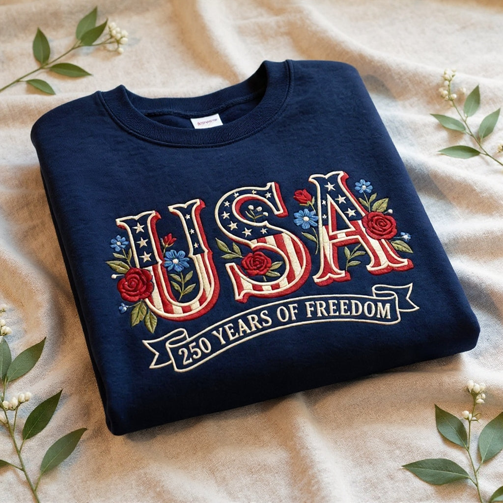 USA Flag Flower 250th Anniversary, Embroidered 250 Years of Freedom Hoodie, Patriotic American Hoodie Sweatshirt T-Shirt