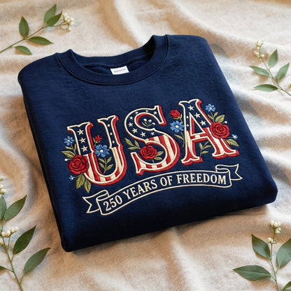 USA Flag Flower 250th Anniversary, Embroidered 250 Years of Freedom Hoodie, Patriotic American Hoodie Sweatshirt T-Shirt