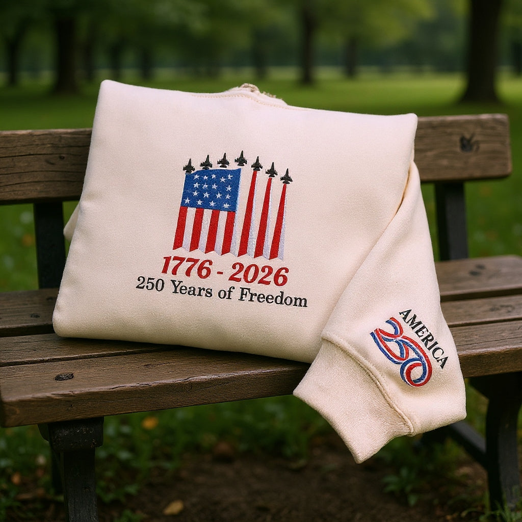 USA 250th Anniversary, Embroidered 1776–2026 250 Years of Freedom Hoodie, Patriotic American Hoodie Sweatshirt T-Shirt