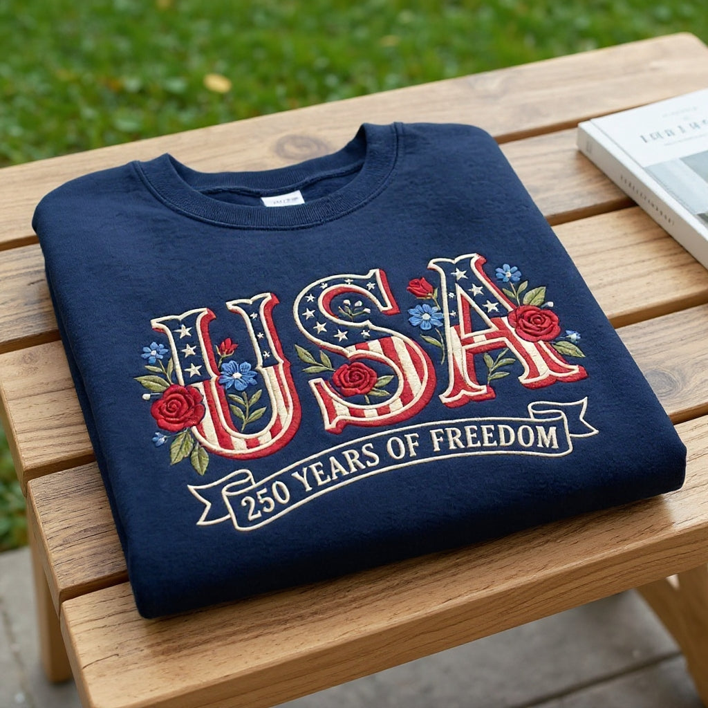 USA Flag Flower 250th Anniversary, Embroidered 250 Years of Freedom Hoodie, Patriotic American Hoodie Sweatshirt T-Shirt