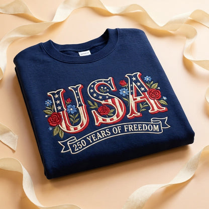 USA Flag Flower 250th Anniversary, Embroidered 250 Years of Freedom Hoodie, Patriotic American Hoodie Sweatshirt T-Shirt