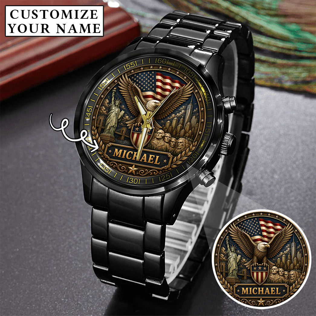 Personalized Eagle USA Flag Anniversary Steel Stainless Watch