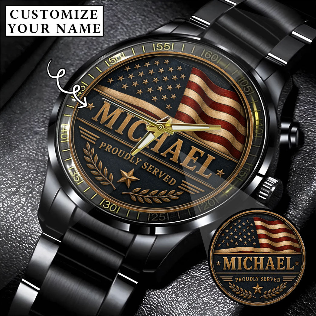 Personalized Proudly Served USA Anniversary Steel Stainless Watch