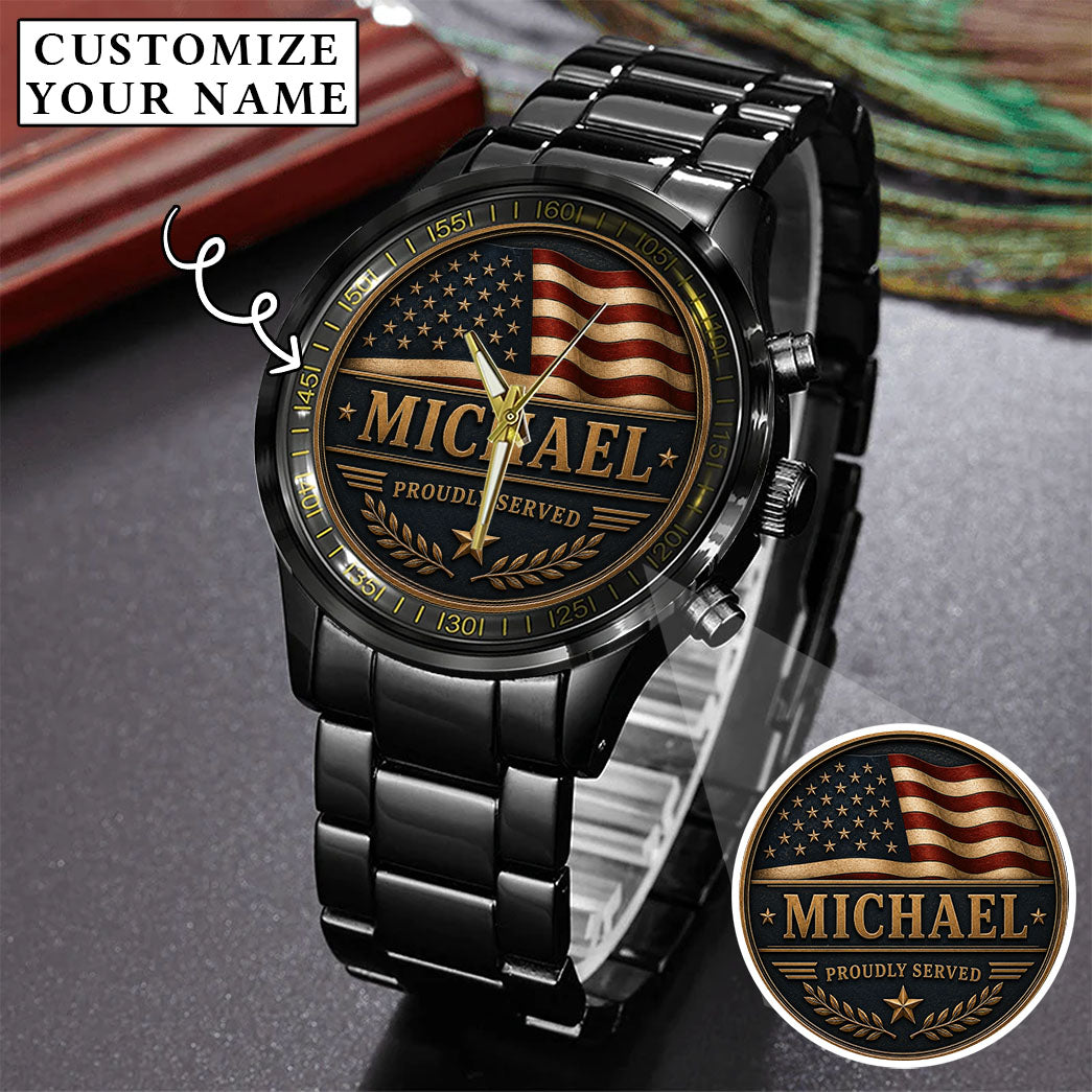 Personalized Proudly Served USA Anniversary Steel Stainless Watch