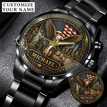 Personalized Eagle USA Flag Anniversary Steel Stainless Watch