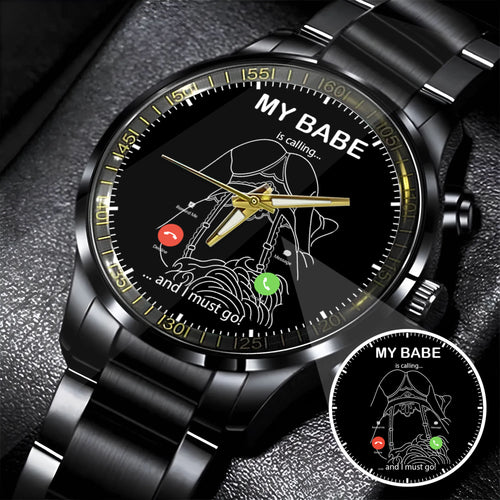 Custom Outline Photo Calling Watch – Personalized “My Babe Is Calling” Stainless Steel Timepiece | Romantic Gift for Couples