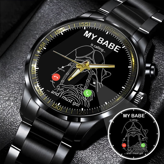 Custom Outline Photo Calling Watch – Personalized “My Babe Is Calling” Stainless Steel Timepiece | Romantic Gift for Couples