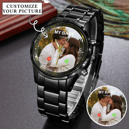 Custom Photo Calling Watch – Personalized “My Babe Is Calling” Stainless Steel Timepiece | Romantic Gift for Couples