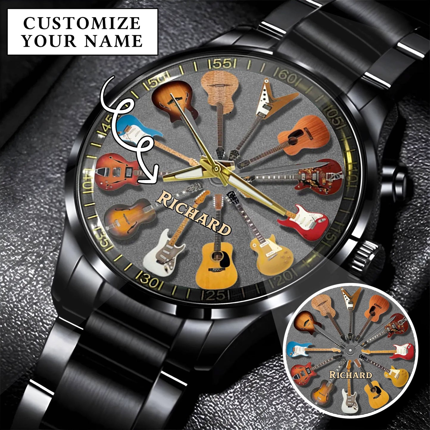 Personalized Guitar Lover Watch – Custom Name Timepiece with 12 Guitar Designs | Perfect Gift for Musicians & Music Fans