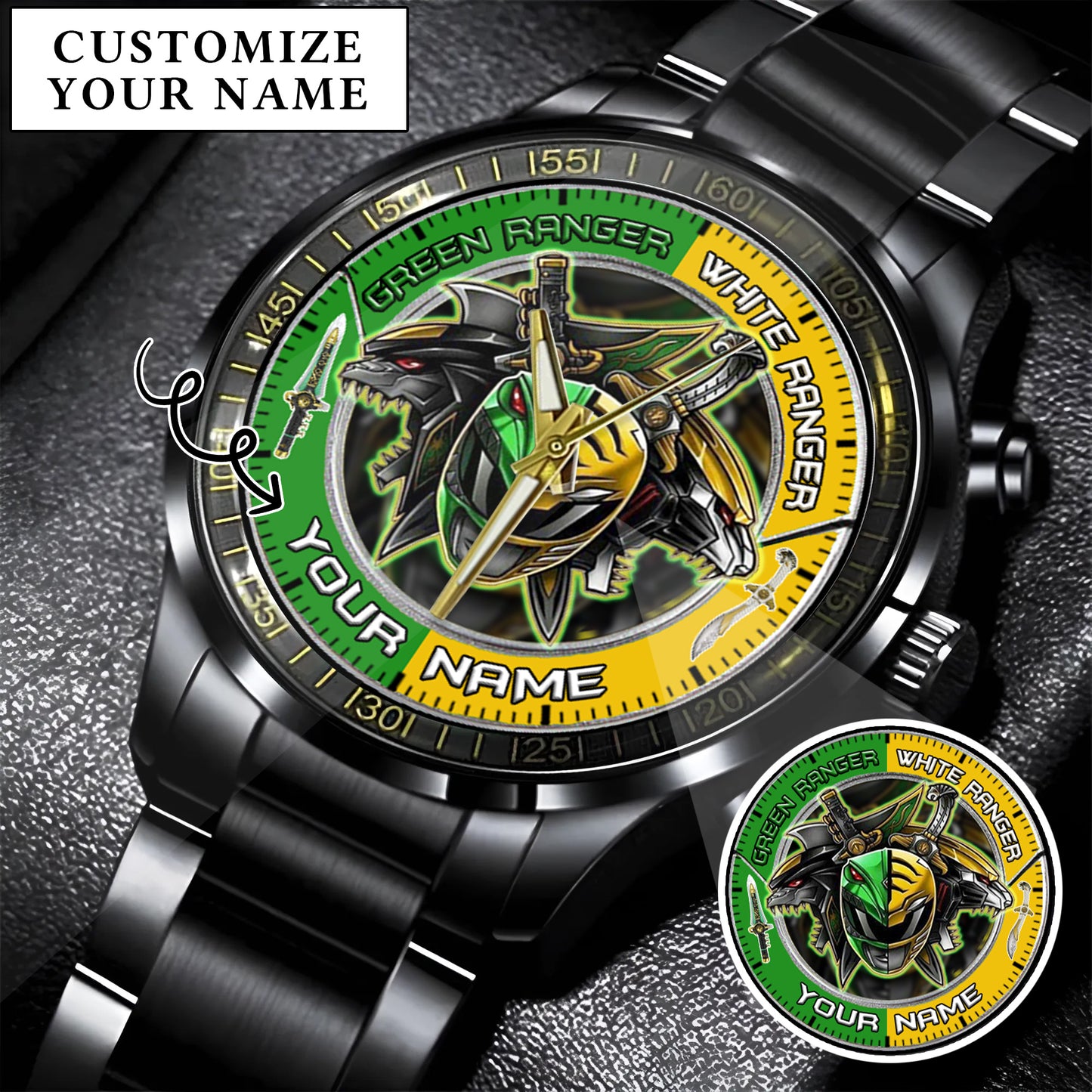 Mighty Morphin Power Rangers Green-White Ranger Tommy Oliver Custom Name Watch